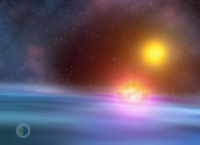 Artist impression of CM Draconis sunset from a hypothetical extrasolar planet